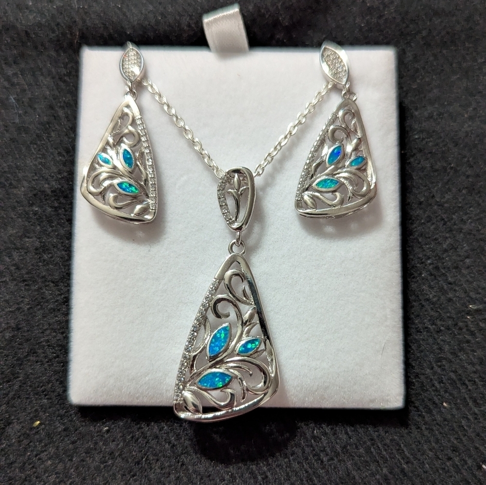 Jamestown Jewelers Sterling Silver Blue Opal Necklace And Earrings Set